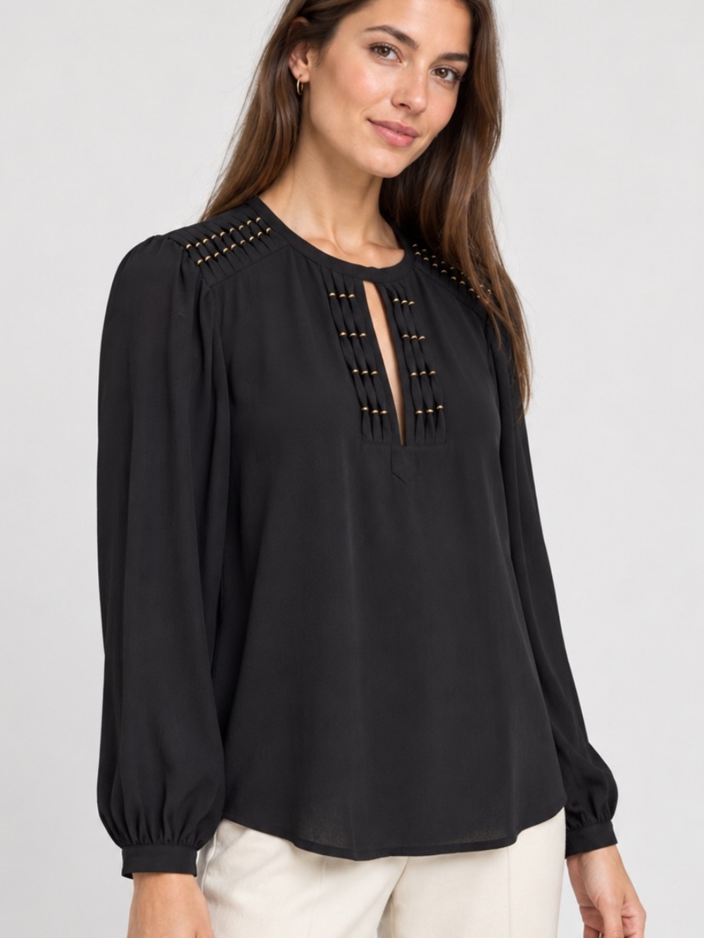 Diane von Furstenberg Gold-Accent Keyhole Long-Sleeve Blouse in Black